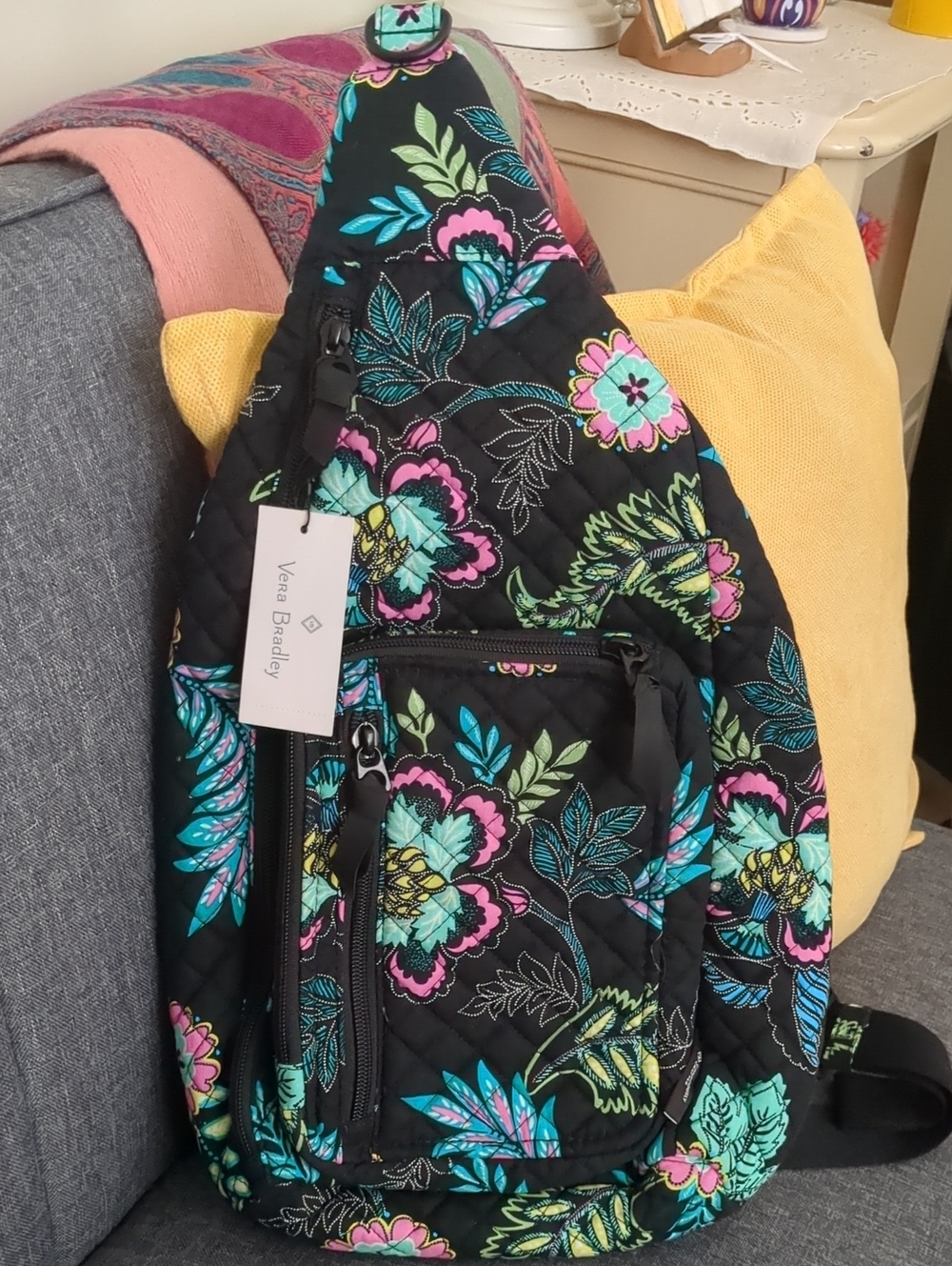 Vera Bradley Black Floral Sling Backpack with Teal & Pink Accents
